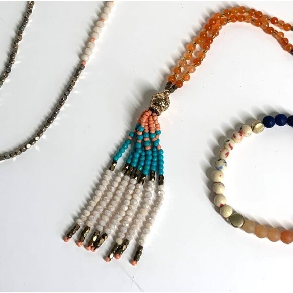 Boho Tassel Beaded Necklace & Stretch Bracelet Set Blue Coral Cream 36"L - Picture 5 of 6